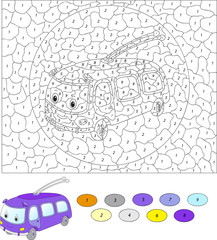 Color by number educational game for kids. Cartoon trolleybus. V