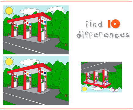 Gas or petrol station on the road. Educational game for kids: fi