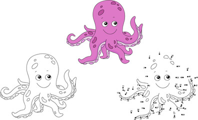 Cartoon octopus. Vector illustration. Coloring and dot to dot ga