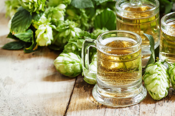 Beer in little old-fashioned mugs, and hop cones on old wooden b