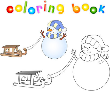 Cute snowman with sled. Educational coloring book
