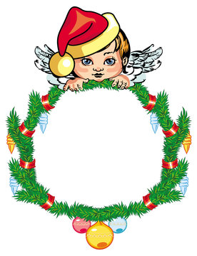 Holiday round frame with little angel and Christmas decorations