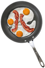 Fried Eggs with Pork Bacon Rashers in Teflon Frying Pan Isolated on White Background.