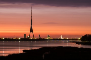 Fototapeta na wymiar Riga TV tower at sunset
