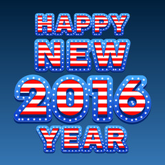 Vector Happy New Year 2016 greeting card with United Stated of America flag style font