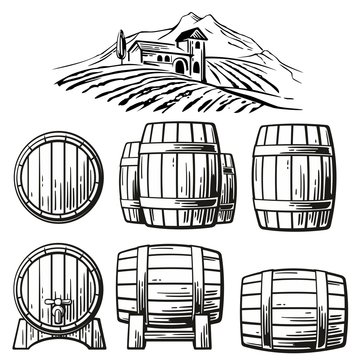 Wooden barrel set and rural landscape with villa, vineyard fields, hills, mountains. Black and white vintage vector illustration for label, poster, web, icon.