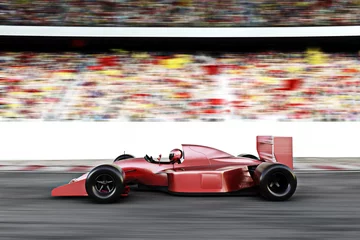 Fototapete Motorsport Motorsport rote Rennwagen Seitenansicht auf einer Strecke, die das Rudel mit Bewegungsunschärfe führt.