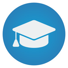Flat white Graduation Cap icon on blue circle