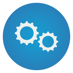 Flat white Gears icon on blue circle