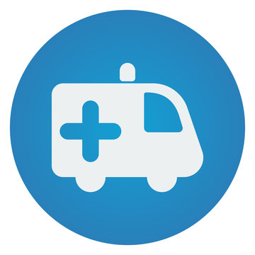 Flat white Ambulance icon on blue circle