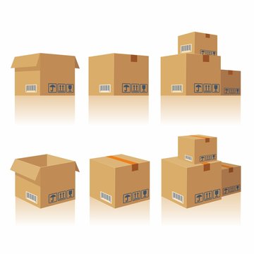 Brown closed and open carton delivery packaging box with fragile signs isolated on white background vector illustration icon. For web, banner, infographic.