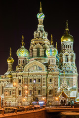 Fototapeta na wymiar Church of the Savior on Blood in Russia, Saint Petersburg. Night time. Winter.