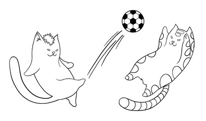 Vector illustration of cartoon cats playing soccer. Line art. Coloring book