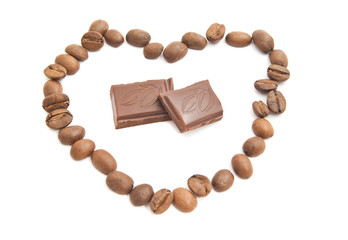 heart of coffee beans and chocolate