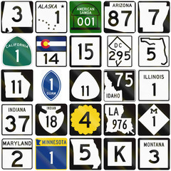 Collection of numbered road signs used in the USA