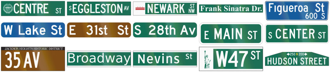 Collection of street name signs used in the USA