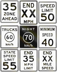 Collection of speed limit signs used in the USA