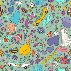 Wedding seamless texture. Hand drawn on the wedding elements.