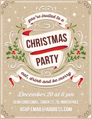 Hand Drawn Christmas Party Invitation with White Ribbons and Orn