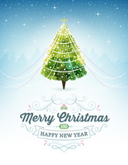 Christmas Card with a Christmas Tree at the Top and Ornaments an