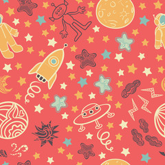 Spaceships, stars, clouds and planets on space background. Space seamless texture. Hand drawn ornaments. Doodles. 