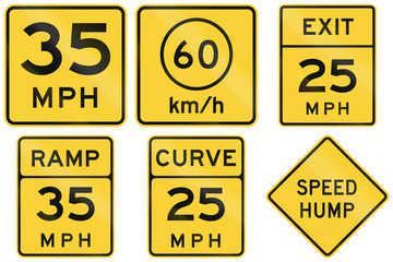 Collection of advisory speed signs used in the USA