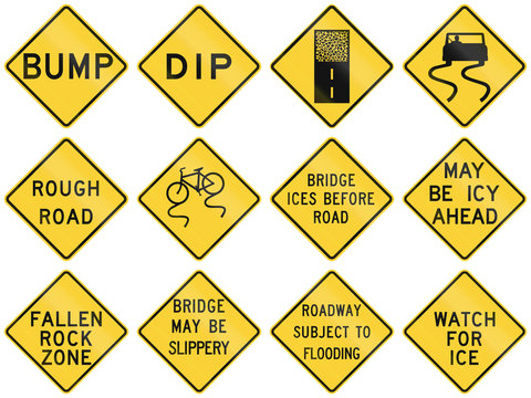 Collection of road condition warning signs used in the USA