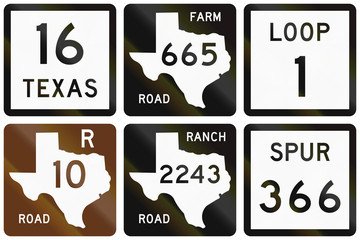 Collection of numbered road signs used in Texas, USA