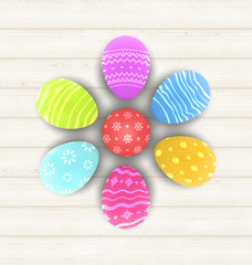 Easter set painted eggs on wooden texture