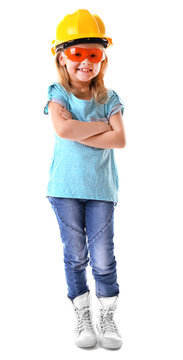 Little girl with tools isolated on white