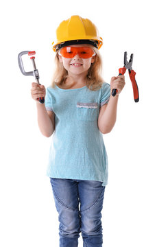 Little girl with tools isolated on white