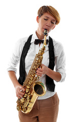 Fototapeta na wymiar Young woman professionally plays jazz on saxophone in front of white background
