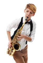 Young woman professionally plays jazz on saxophone in front of white background