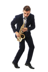 Elegant happy saxophonist plays music on sax on white background