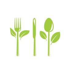 Healthy Food Icon with Cutlery and Leaves