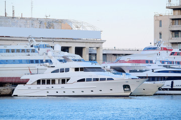 Naklejka premium The image of motor boat stand at a berth