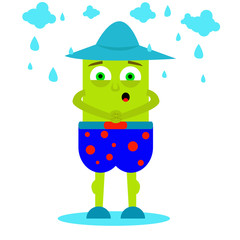 Vector illustrated cute square monster standing in the rain on white background.