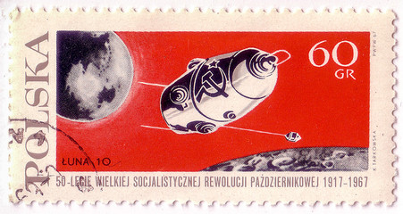 A stamp printed in Poland shows flight of soviet automatic spaceship 