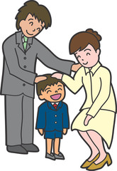 合格発表や入学式でお父さんとお母さんに頭をなでられる子ども
