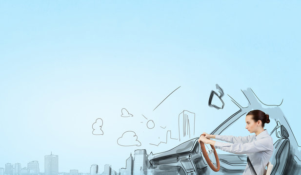 Woman with steering wheel