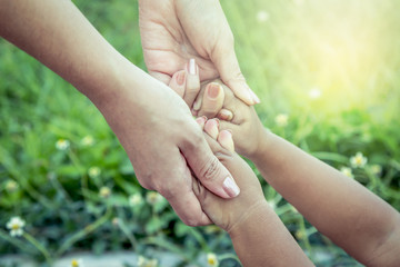 child and mother holding hand together with love in the park,vin