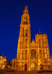 Fototapeta na wymiar Gothic Cathedral at Night, Antwerp