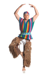 llama ecuadorian dancer dressed up in traditional costume from the rise llama or antelope pants studio shot isolated on white llama color makeup white knit ritual ecuador venezuela traditional face l