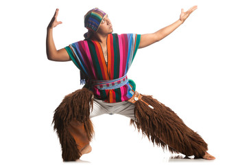 ecuadorian dancer dressed up in traditional costume from the rise llama or antelope trousers studio...
