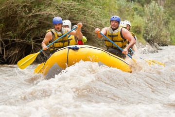 A team of adventurers embarks on a thrilling white water rafting journey down a rushing river, navigating rapids and working together.