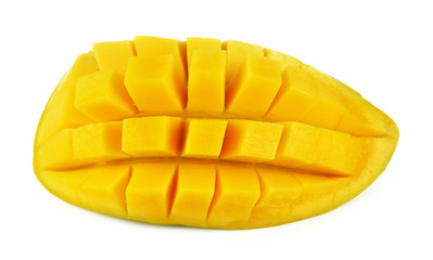 Mango slice cut to cubes close-up isolated on white background