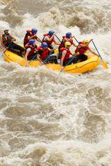 A varied assembly of male and female sightseers led by a proficient instructor navigating through turbulent waters on a river rafting excursion in Ecuador