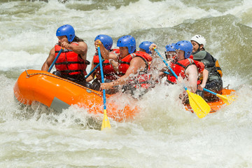 A diverse team paddles a raft through turbulent whitewater, navigating the earth's powerful currents on an exhilarating rafting adventure.