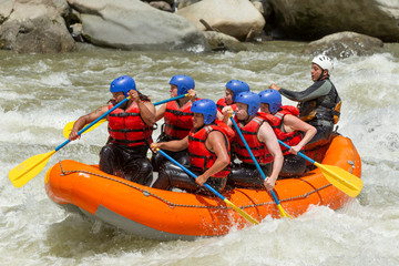 A team of adventurers in orange and yellow gear navigate a white water raft down a rushing river. - obrazy, fototapety, plakaty