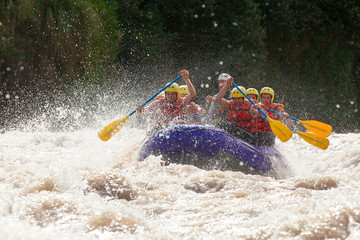 A team of extreme sports enthusiasts enjoying the thrill of whitewater rafting in Ecuador's rapids, showcasing teamwork and outdoor fun. - obrazy, fototapety, plakaty